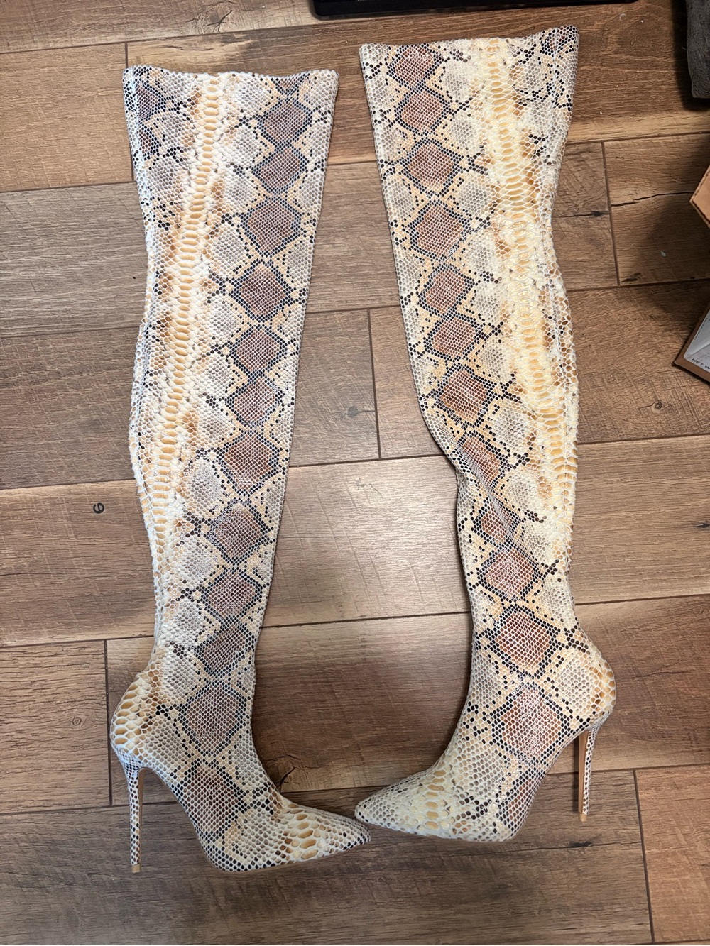 Snake-Print Thigh High Stiletto Boots - Tan